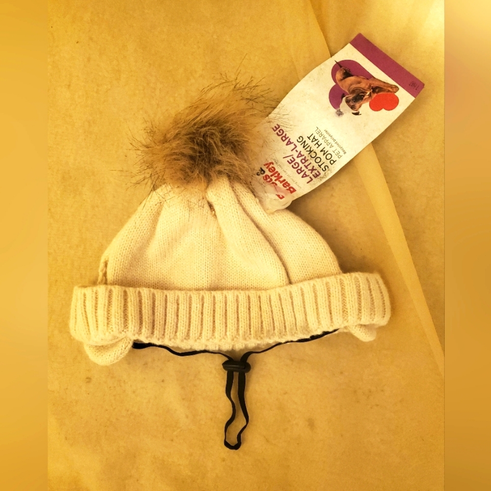 NWT Boots & Barkley Super Soft Cream, Tan Adjustable Dog Winter Hat with Pom-Pom